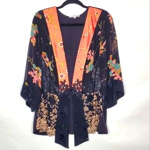 Spencer Alexis Silk Blend Kimono Jacket Size 2X Sheer Embroidered Fairy Boho Top